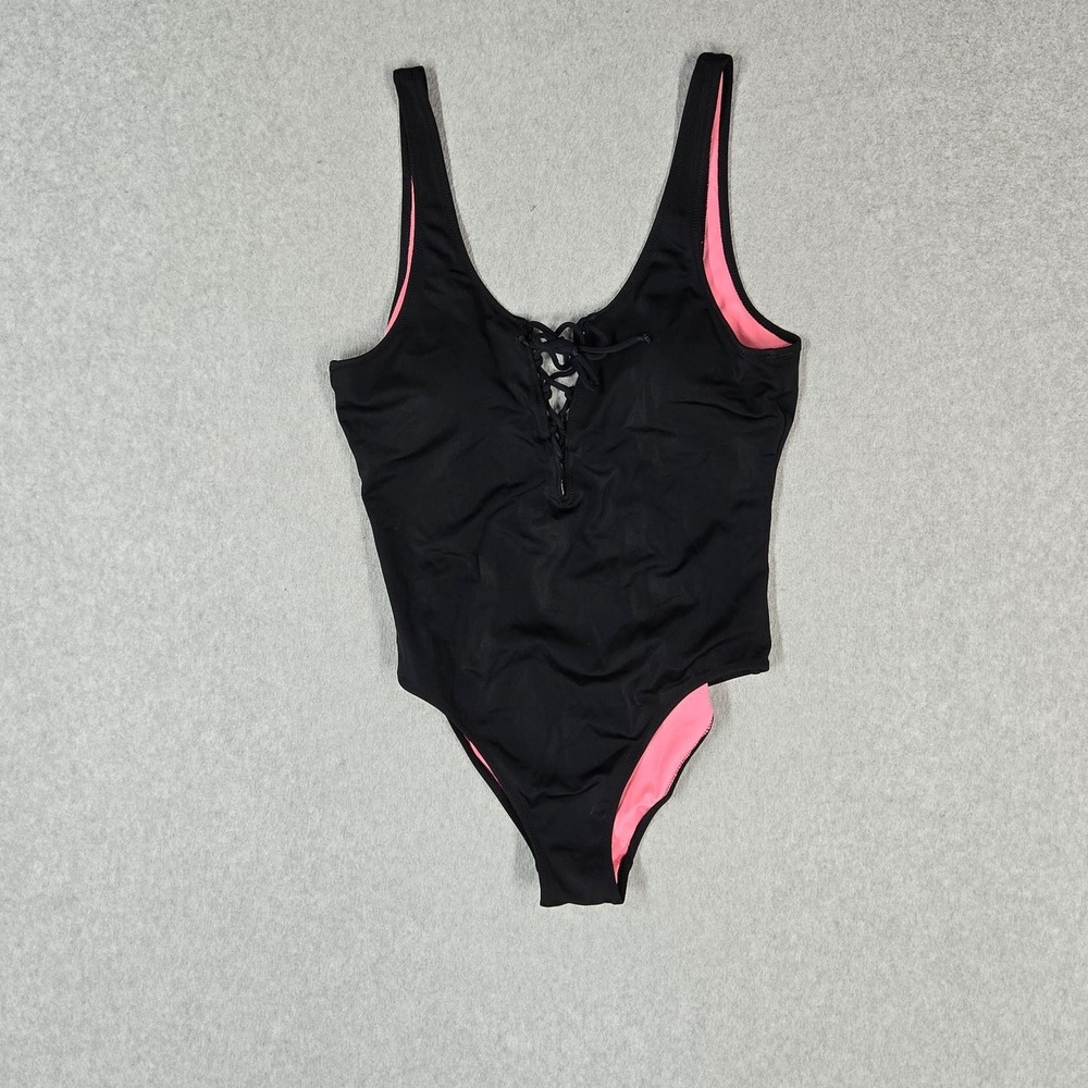 PINK Women Swimwear Small Black Wireless Lace Up Low Back One Piece